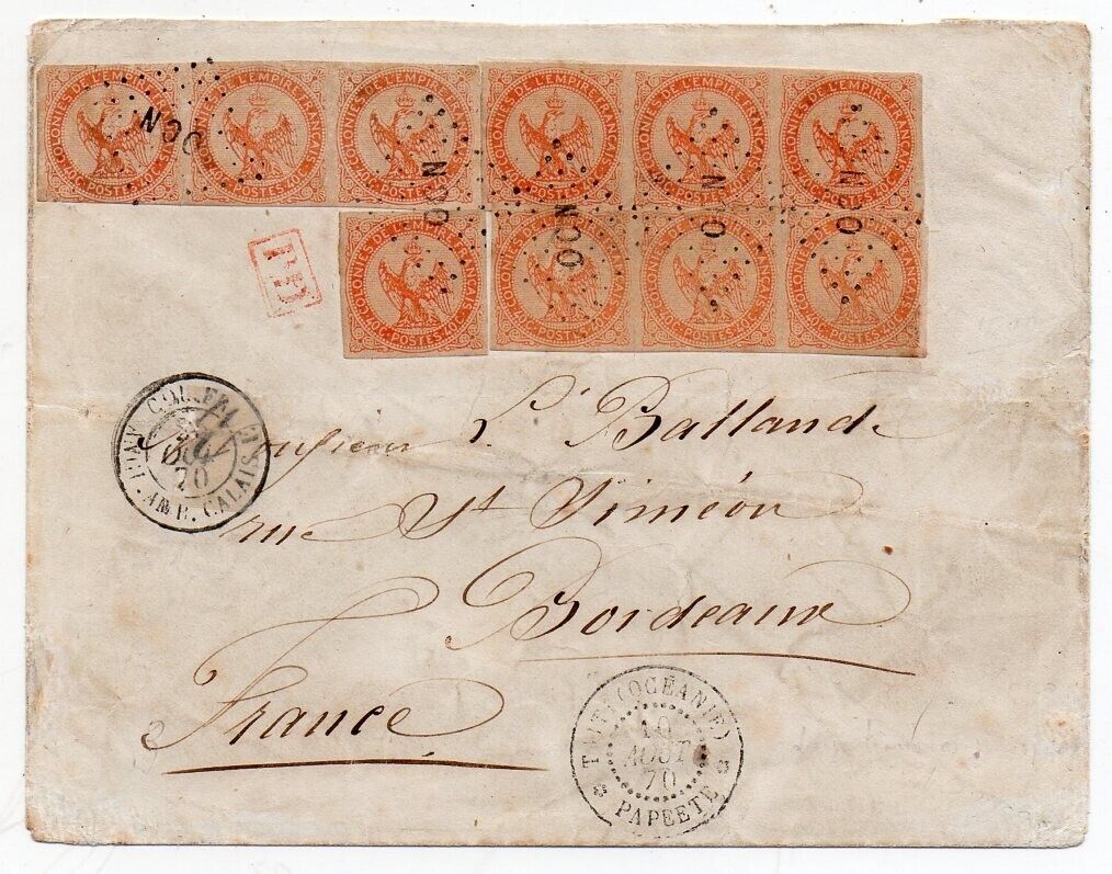 1870 TAHITI FRENCH OCEANIA TO FRANCE COVER 40c EAGLE x 3 STRIPS  SINGLE UNIQUE