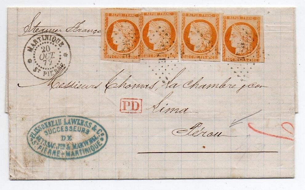 1872 MARTINIQUE FRANCE TO PERU COVER 40c x 4 CERES STAMPS EXSPINK TOP RARITY