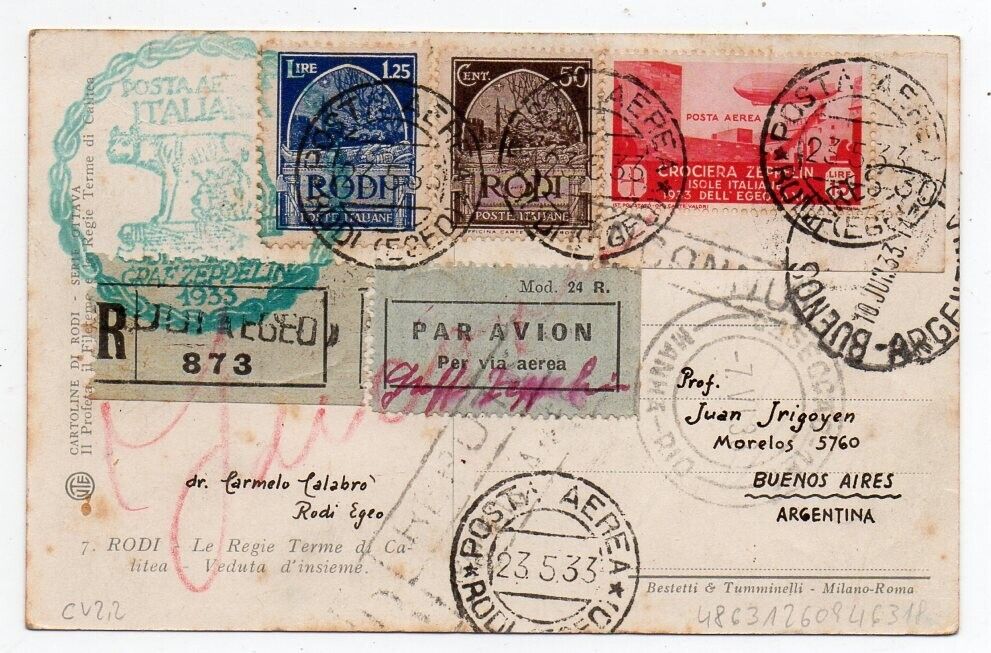 1933 EGEO ITALY GREECE TO ARGENTINA ZEPPELIN COVER 240000 RARE 15L STAMP