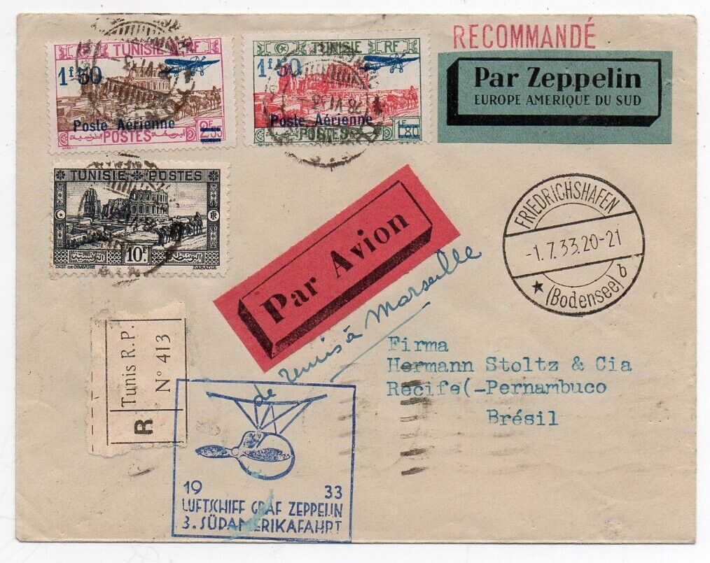 1933 TUNISIA VIA FRANCE TO BRAZIL ZEPPELIN COVER SCARCE STAMPS ASTRONOMIC VALUE