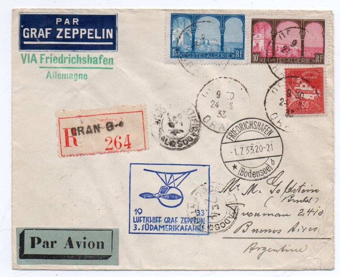 1933 ALGERIA FRANCE TO ARGENTINA ZEPPELIN COVER SUPERB CANCELS MAJOR RARITY