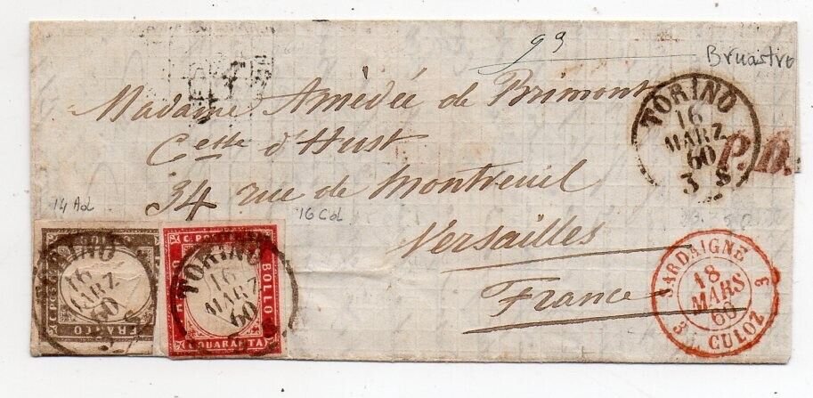 1860 ITALY SARDINIA TO FRANCE COVER SA14Ad16Cd BICOLOR FRANKING 2550000