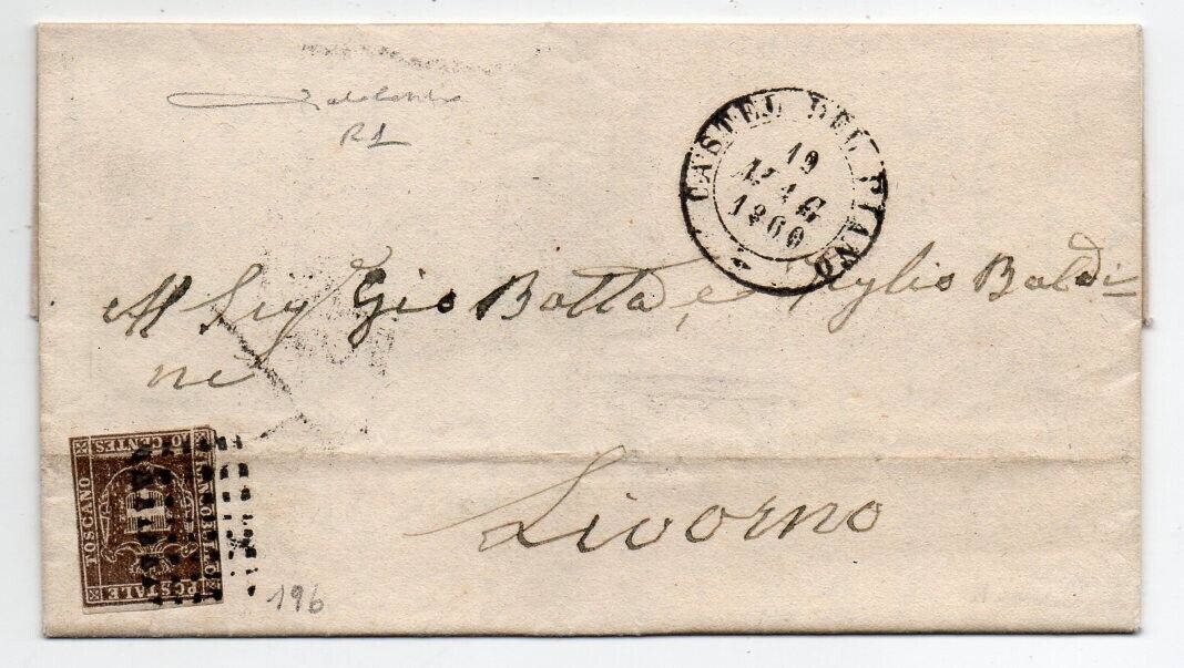 1860 ITALY TUSCANY COVER SA19b RARE CASTEL DEL PIANO CANCEL 1850000