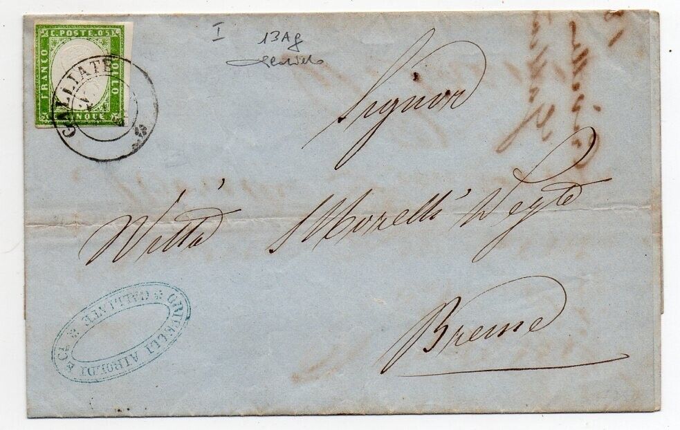 1858 ITALY SARDINIA COVER SA13Ag 5c SINGLE FRANKING 750000 CERTIFICATE