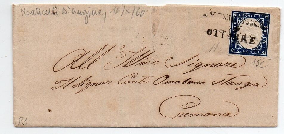 1860 ITALY SARDINIA COVER SA15C MONTICELLI DONGINA CANCEL 1820000 WOW