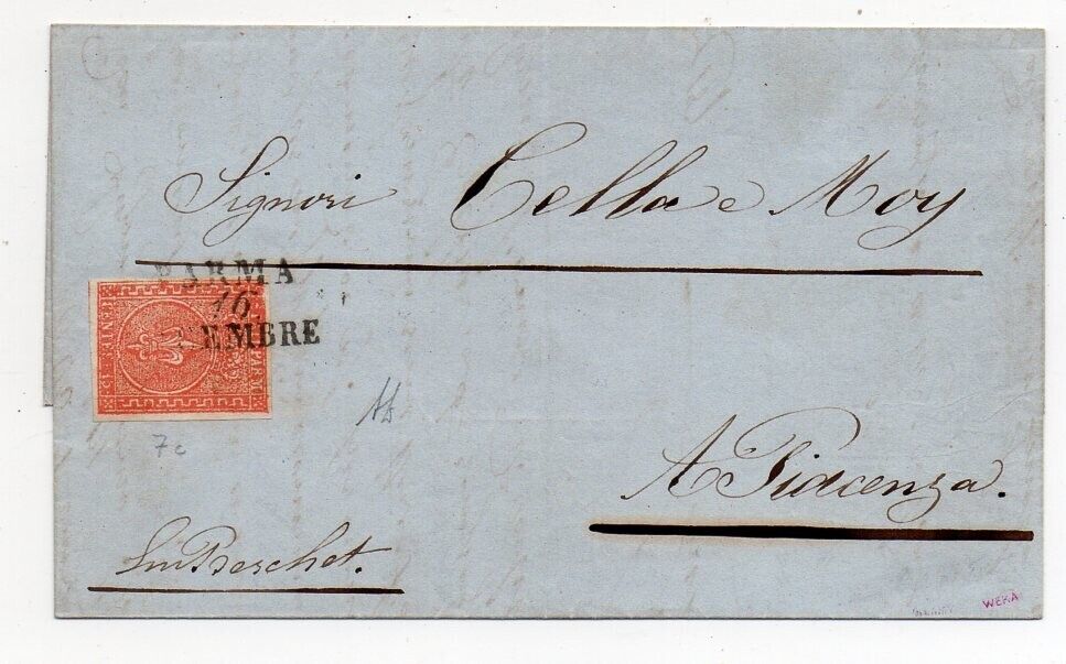 1854 ITALY PARMA COVER SA7c 15c GRECHE LARGA VARIETY 165000 DIENA SIGNED