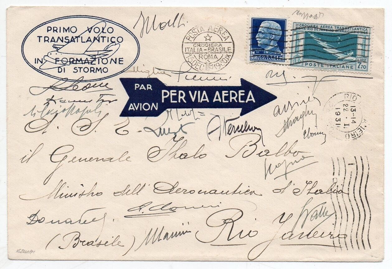 1930 ITALY TO BRAZIL BALBO CROCIERA FLIGHT SA25 300000 PILOTS SIGNATURES