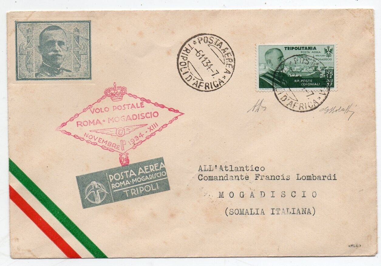 1934 TRIPOLITANIA LIBYA TO SOMALIA ITALY SPECIAL FLIGHT COVER 25 LIRES UNIQUE
