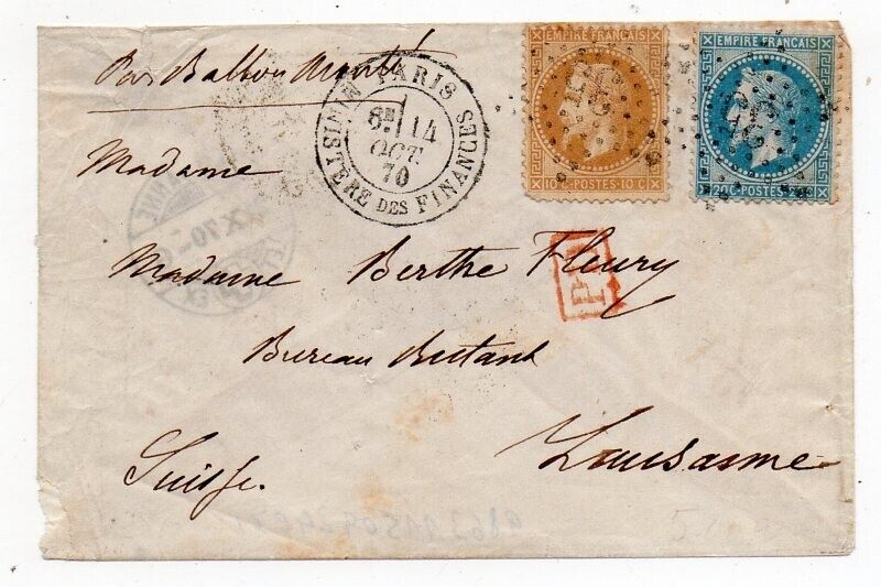 1870 FRANCE TO SWITZERLAND BALLON MONTE COVER OCTOBER 14 FLIGHT ARRIVAL PMK
