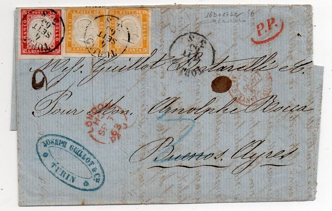 1863 ITALY SARDINIA TO ARGENTINA COVER SA17Da x 216D 1200000 RARITY