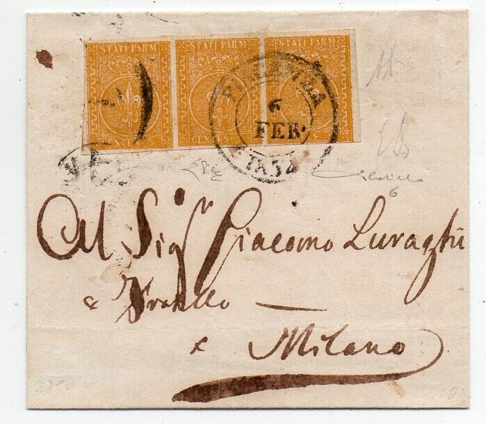 1854 ITALY PARMA COVER SA6 5c GIALLO ARANCIO COLOR STRIP 1200000