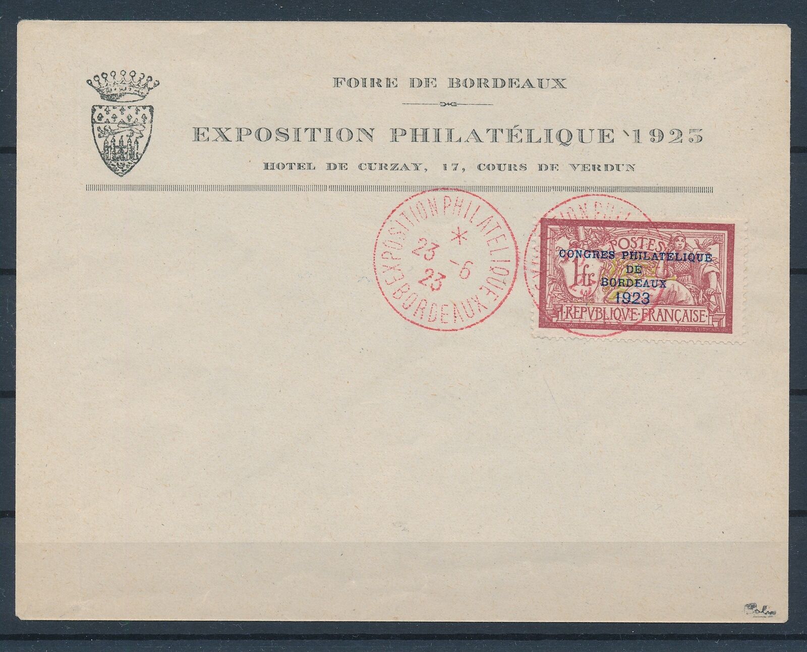 G62126 France 1923 Rare Exhibition Used VF Red cancels stamp on Cover signed