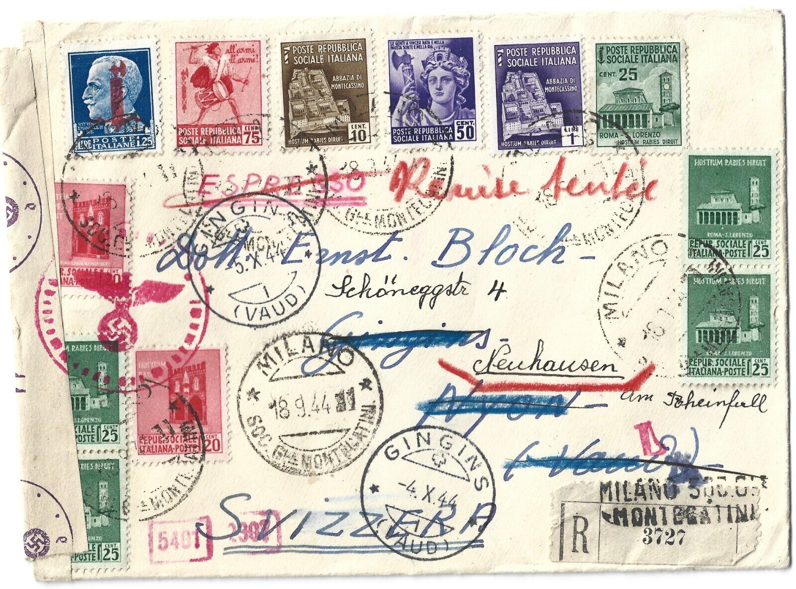 Italy Outstanding Reg Cover To BlochComercialCensor12 Pmks To SwitzerlandG46