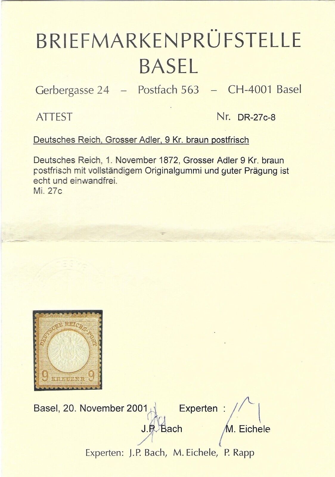 GERMANY REICH 1872 MNH Brustschild 9 Kr Brown Michel 27c CV 22000 CERTIFICATE